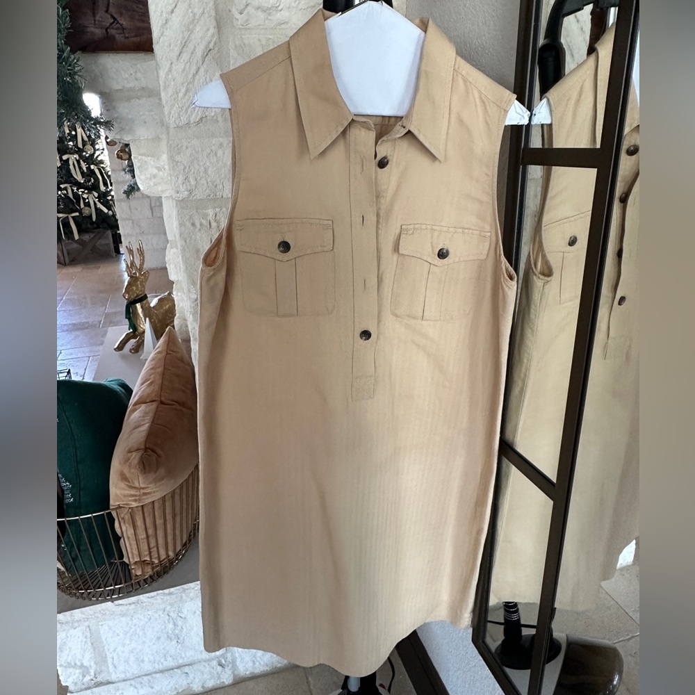 Tan Lauren Ralph Lauren Sleeveless Knee Length Dress with Button Detail
